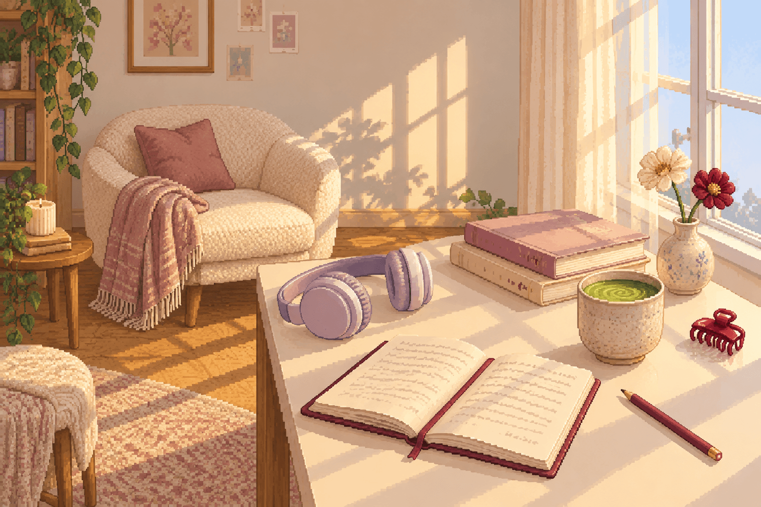 A cozy pixel-art room with an open journal, headphones and a cup of matcha beside a sunlit window.