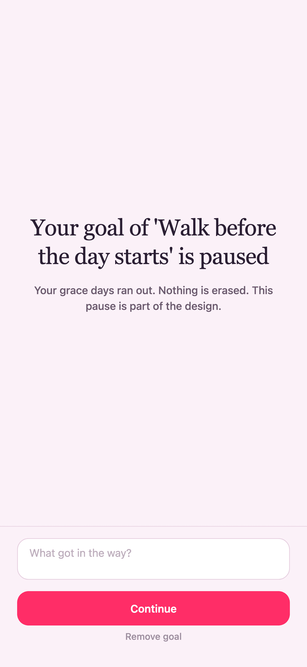 Kaira’s recovery screen explaining that a paused habit has not lost its progress.
