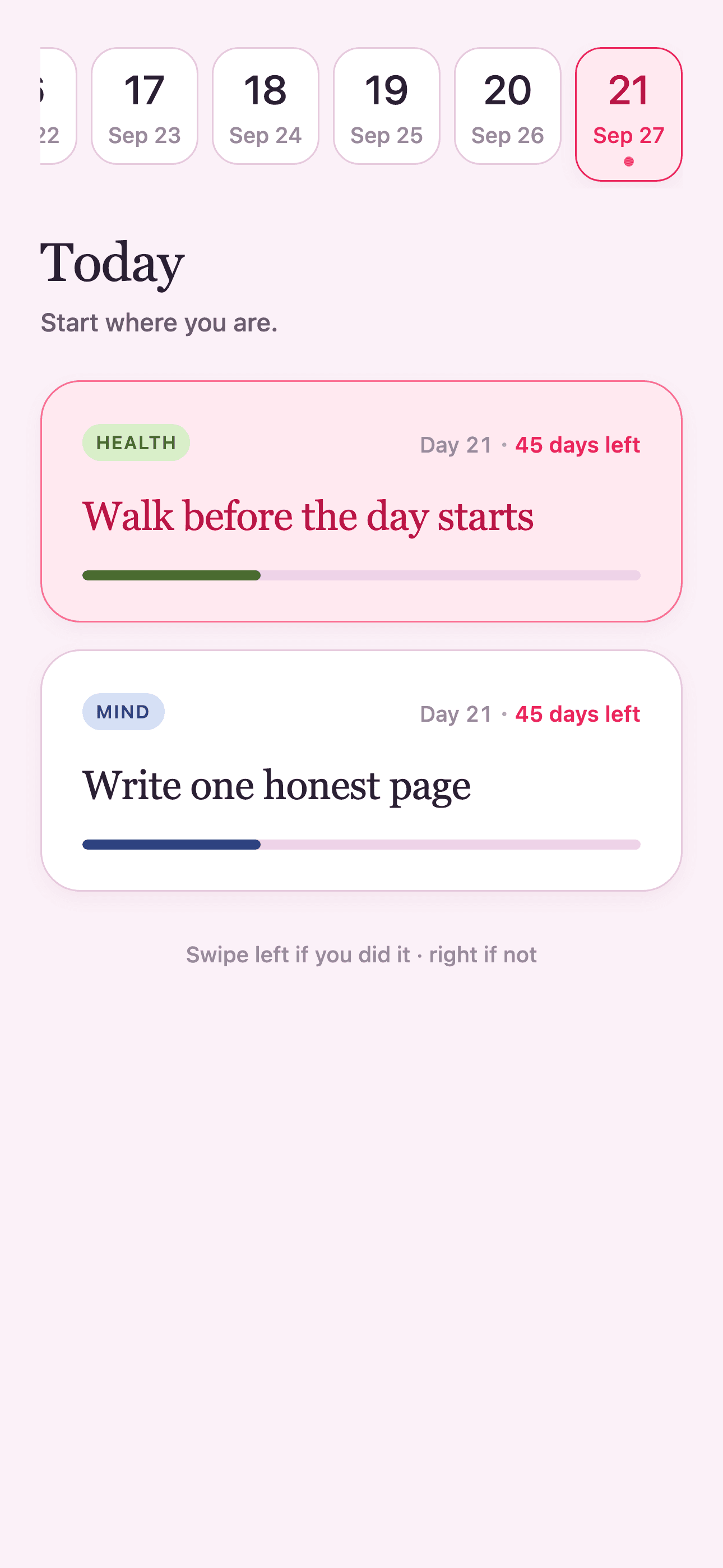 Kaira’s Today screen with daily habits.